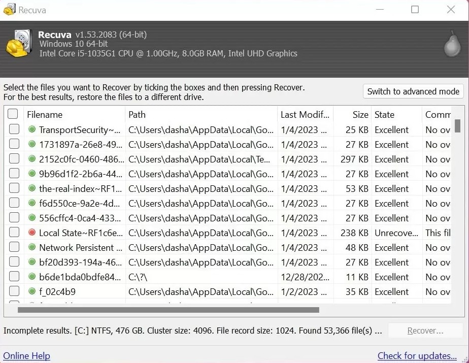 Recuva-Assistent: Oberfläche mit Wiederherstellungsoptionen unter Windows